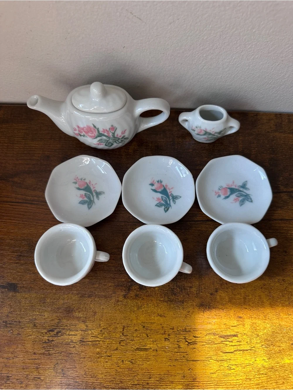 RTO Corp‎ Miniature Porcelain Tea Set 8 Piece Pink Rose Pattern Dollhouse China